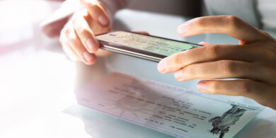 Dispositivo móvil tomando una foto de un cheque para depósito.