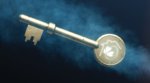 Imagen de una llave brillante sobre un fondo místico con el logotipo de Notre Dame FC en el mango de la llave.