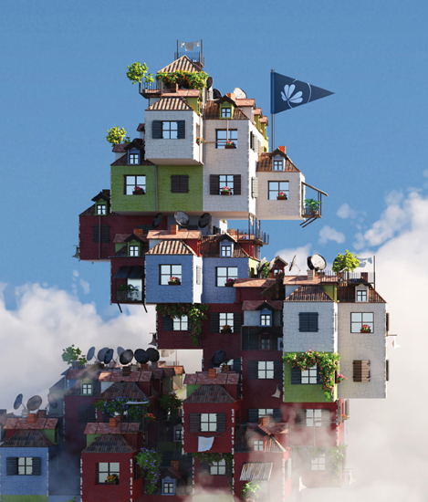 Cluster of fantastical homes peeking out through the clouds