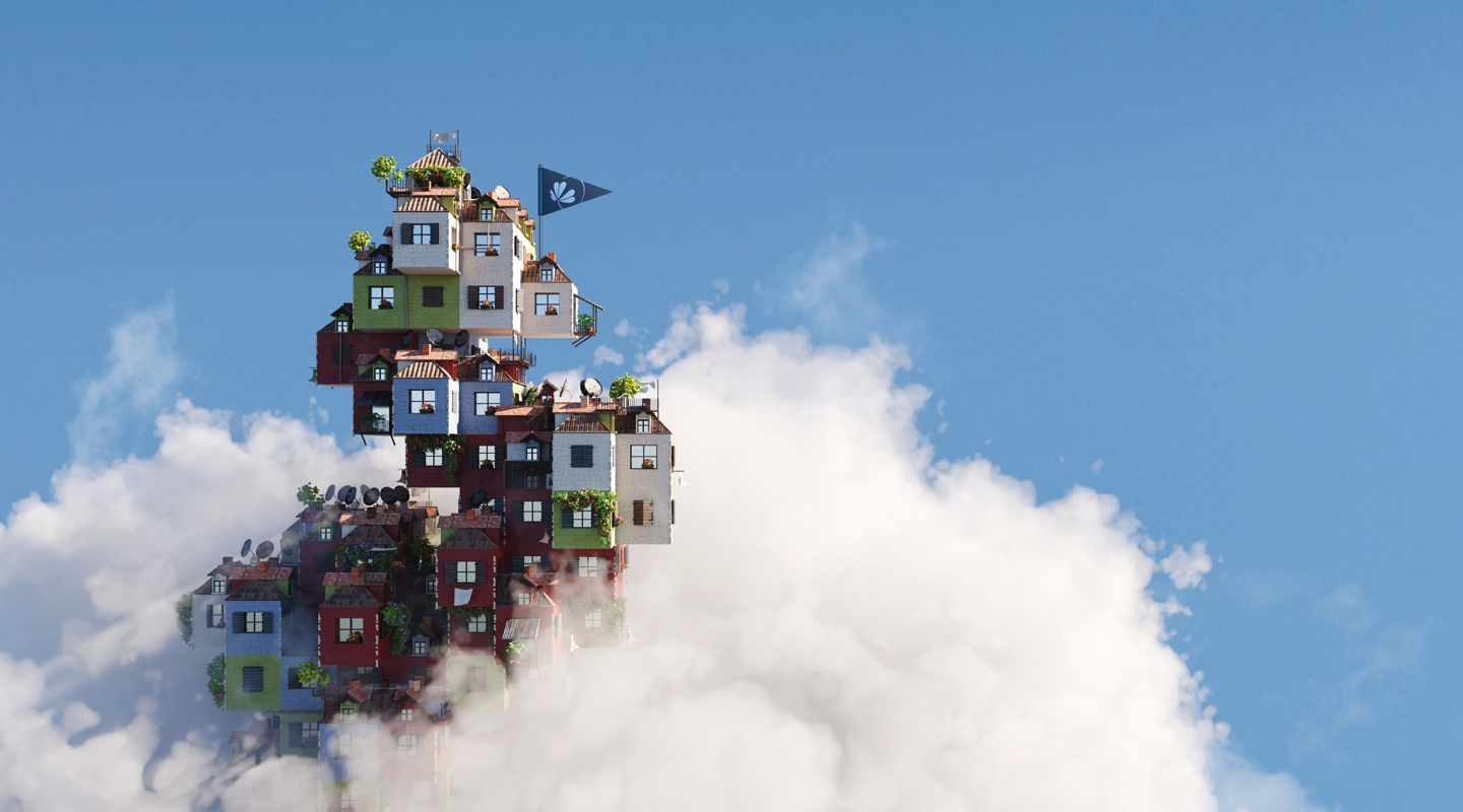 Cluster of fantastical homes peeking out through the clouds