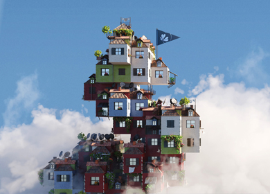 Cluster of fantastical homes peeking out through the clouds