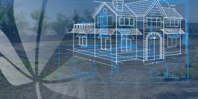 An image of Carlos' empty lot and a blueprint of a nice house on it