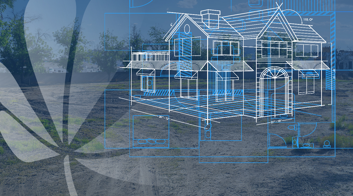 An image of Carlos' empty lot and a blueprint of a nice house on it