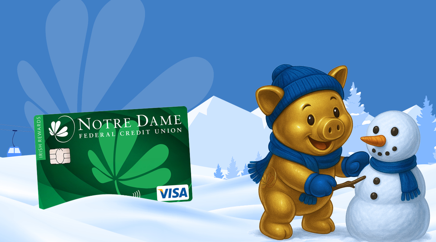 Image of a piggy bank building a snowman next to an Irish Rewards credit card