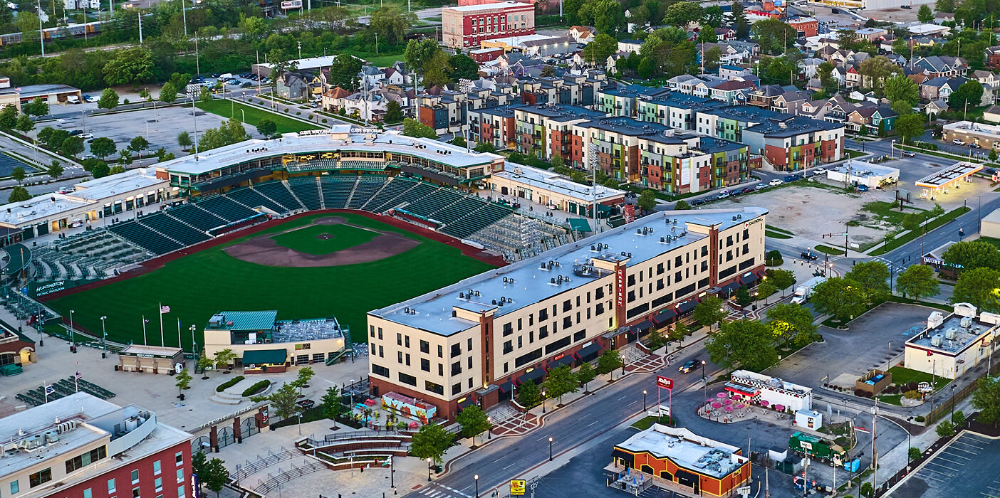 Aerial baseball diamond Fort Wayne Tin Caps Parkview Field cityscape