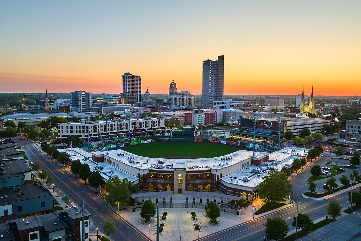 Image of Aerial baseball diamond downtown Fort Wayne Indiana United States Parkview Field city sunrise